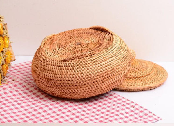 Round Storage Basket, Woven Storage Basket with Lid, Rattan Basket for Kitchen, Wicker Storage Basket-ArtWorkCrafts.com