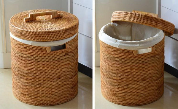 Large Laundry Storage Basket with Lid, Large Rattan Storage Basket for Bathroom, Woven Round Storage Basket for Clothes-ArtWorkCrafts.com