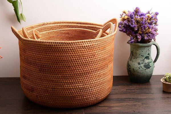 Wicker Woven Storage Baskets, Kitchen Storage Baskets, Rattan Storage Basket, Round Storage Basket for Bathroom-ArtWorkCrafts.com