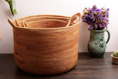Wicker Woven Storage Baskets, Kitchen Storage Baskets, Rattan Storage Basket, Round Storage Basket for Bathroom-ArtWorkCrafts.com