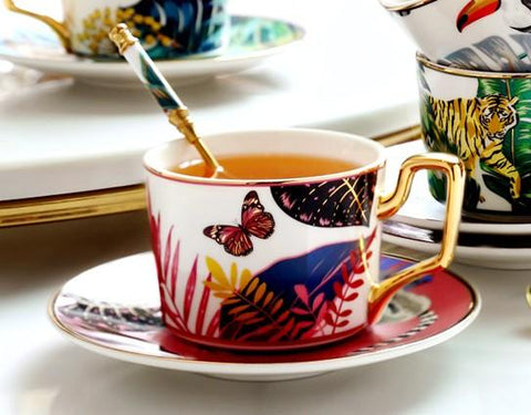 Butterfly Pattern Porcelain Coffee Cups, Coffee Cups with Gold Trim and Gift Box, Tea Cups and Saucers-ArtWorkCrafts.com