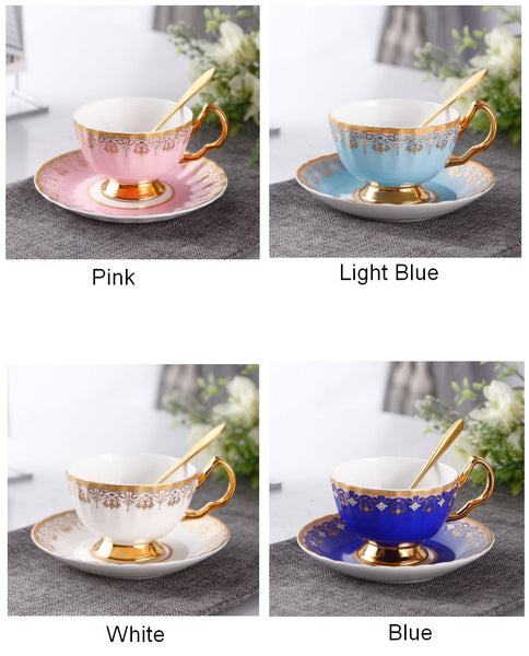 Pink Blue White Bone China Porcelain Tea Cup Set, Unique British Tea Cup and Saucer in Gift Box, Elegant British Ceramic Coffee Cups for Afternoon Tea-ArtWorkCrafts.com