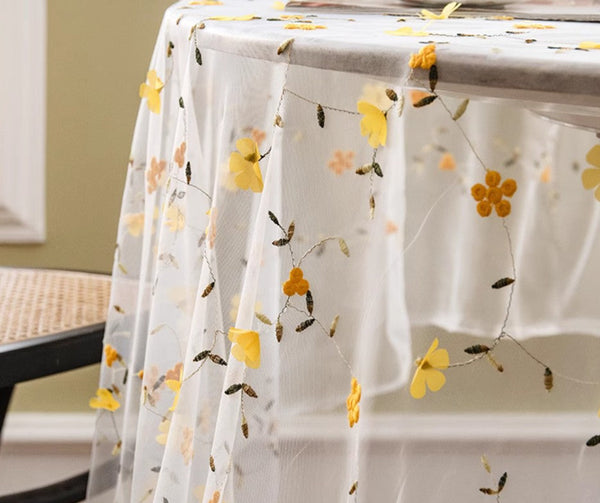 Yellow Flower Lace Tablecloths, Extra Large Rectangular Tablecloth for Oval Table, Lace Embroidered Table Covers, Rectangular Table Covers for Coffee Table-ArtWorkCrafts.com