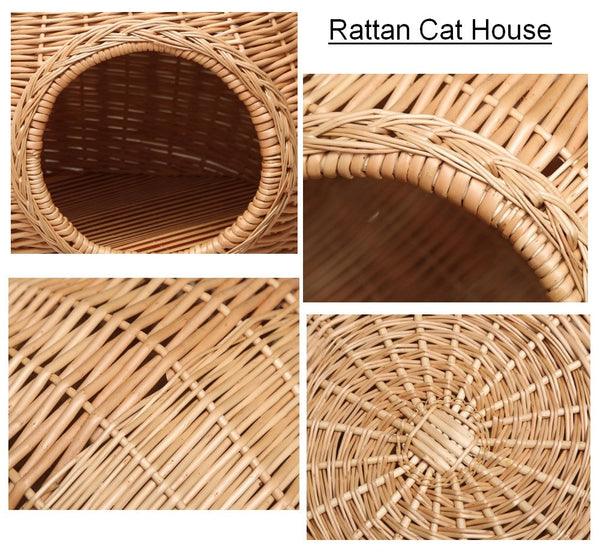 Rattan Cat Bed, Wicker Cat House Basket with Washable Cushion for Indoor Cats and Dogs-ArtWorkCrafts.com
