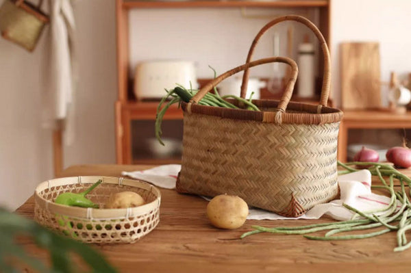 Storage Basket with Handle, Large Kitchen Storage Baskets, Natural Hand-woven Bamboo Storage Basket, Lovely Bamboo Weaving Baskets for Vegetable, Picnic Fruit Storage Baskets-ArtWorkCrafts.com