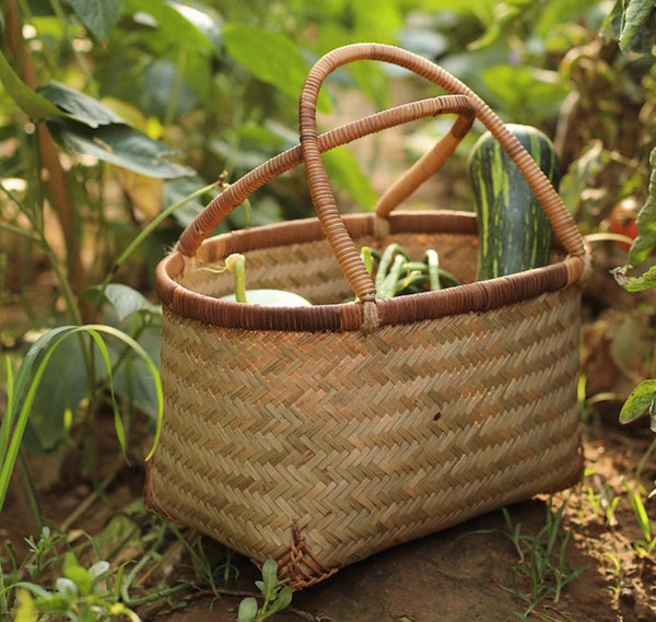 Storage Basket with Handle, Large Kitchen Storage Baskets, Natural Hand-woven Bamboo Storage Basket, Lovely Bamboo Weaving Baskets for Vegetable, Picnic Fruit Storage Baskets-ArtWorkCrafts.com