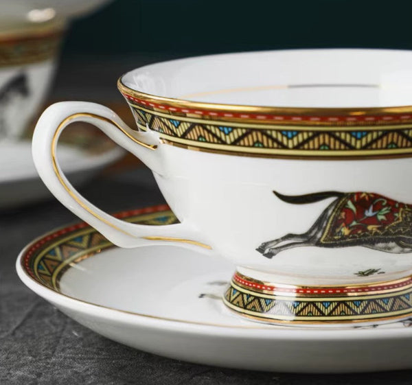 Elegant British Horse Pattern Coffee Cup with Saucer, 7.4 oz Ceramic Tea Cup and Saucer in Gift Box, Porcelain Tea Cup and Saucer Set-ArtWorkCrafts.com