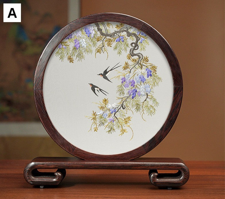 Premium Souvenir, Silk Embroidered Ornament, Exclusive Business Presents, Creative Birthday Gift, Traditional Chinese Suzhou Flower and Birds Embroidery Ornaments-ArtWorkCrafts.com