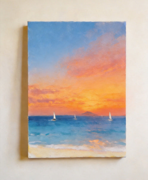 Tranquil Sails Under the Burning Clouds, Hand Painted Canvas Art, Original Seascape Paintings, Small Canvas Artwork, Original Oil Paintings, Buy Small Paintings Online-ArtWorkCrafts.com