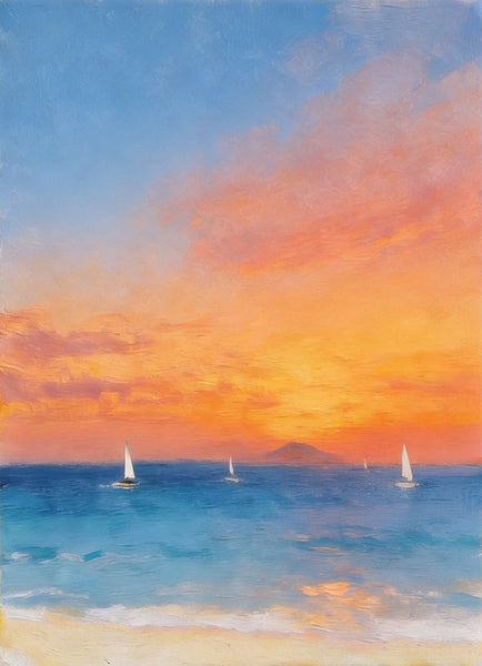 Tranquil Sails Under the Burning Clouds, Hand Painted Canvas Art, Original Seascape Paintings, Small Canvas Artwork, Original Oil Paintings, Buy Small Paintings Online-ArtWorkCrafts.com