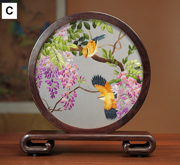 Premium Souvenir, Silk Embroidered Ornament, Exclusive Business Presents, Creative Birthday Gift, Traditional Chinese Suzhou Flower and Birds Embroidery Ornaments-ArtWorkCrafts.com