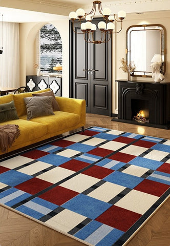 Dining Room Floor Carpets, Geometric Modern Rugs for Dining Room, Mid Century Modern Living Room Rugs, Blue Contemporary Area Rugs for Bedroom