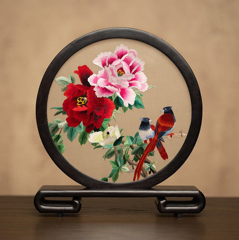 Flower and Bird Embroidered Decor, Unique Birthday Gift, Exclusive Business Present, Traditional Chinese Suzhou Embroidery Ornament, Premium Souvenir-ArtWorkCrafts.com
