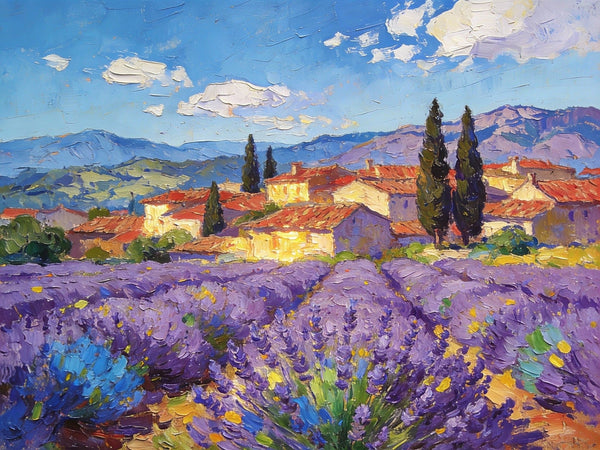 Small Wall Paintings, Provençal Village with Lavender and Cypress, On Canvas Small Paintings, Original Wall Art Paintings, Original Artwork Small Paintings, Small Landscape Paintings, Impasto Artwork-ArtWorkCrafts.com