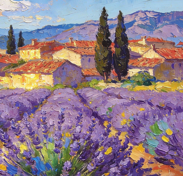 Small Wall Paintings, Provençal Village with Lavender and Cypress, On Canvas Small Paintings, Original Wall Art Paintings, Original Artwork Small Paintings, Small Landscape Paintings, Impasto Artwork-ArtWorkCrafts.com