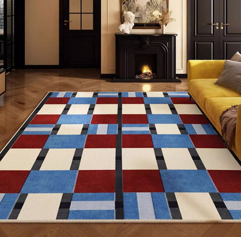 Geometric Modern Rugs for Dining Room, Mid Century Modern Living Room Rugs, Blue Contemporary Area Rugs for Bedroom, Dining Room Floor Carpets