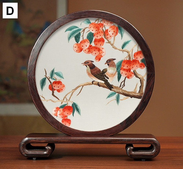 Premium Souvenir, Silk Embroidered Ornament, Exclusive Business Presents, Creative Birthday Gift, Traditional Chinese Suzhou Flower and Birds Embroidery Ornaments-ArtWorkCrafts.com