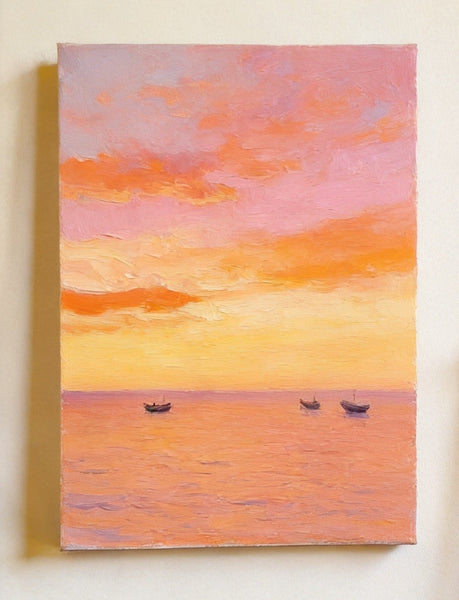 Original Oil Paintings, Hand Painted Canvas Artwork, Sunset Sail on the Horizon, Original Seascape Paintings, Buy Small Paintings Online-ArtWorkCrafts.com