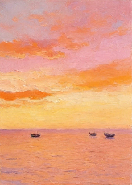 Original Oil Paintings, Hand Painted Canvas Artwork, Sunset Sail on the Horizon, Original Seascape Paintings, Buy Small Paintings Online-ArtWorkCrafts.com