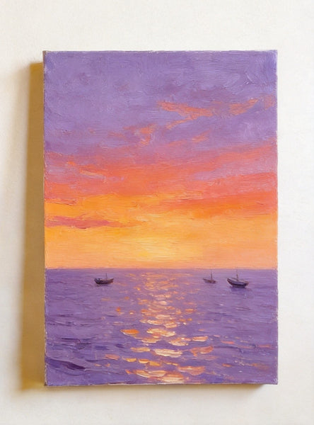 Original Seascape Paintings, Hand Painted Canvas Art, Sunset Sail on the Horizon, Original Oil Paintings, Buy Small Paintings Online, Small Canvas Artwork-ArtWorkCrafts.com