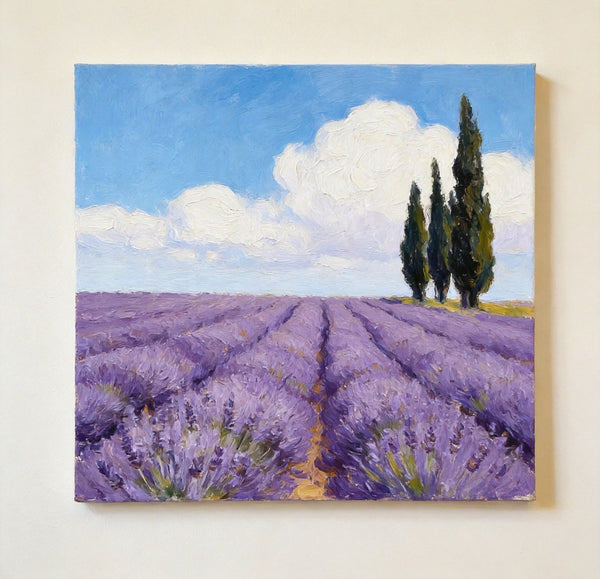 Small Canvas Artwork, Cypress by the Lavender Field, Hand Painted Canvas Art, Original Landscape Paintings, Original Oil Paintings, Buy Small Paintings Online-ArtWorkCrafts.com