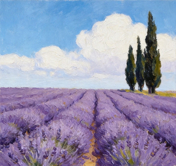 Small Canvas Artwork, Cypress by the Lavender Field, Hand Painted Canvas Art, Original Landscape Paintings, Original Oil Paintings, Buy Small Paintings Online-ArtWorkCrafts.com
