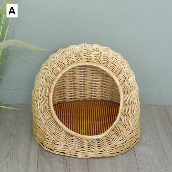 Natural Wicker Cat House Basket with Washable Cushion for Indoor Cats and Dogs, Rattan Cat Bed-ArtWorkCrafts.com