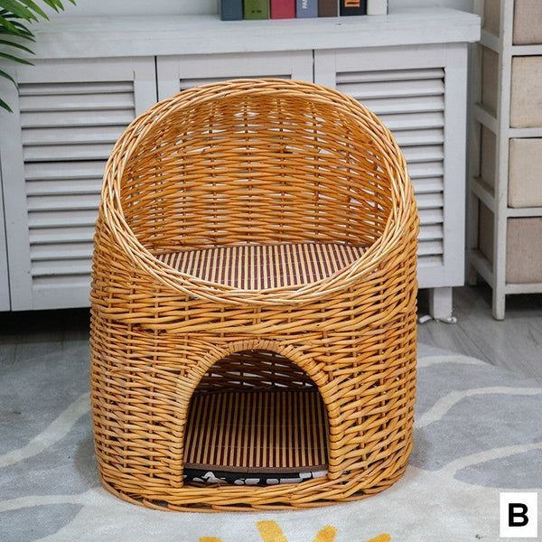 Large Cat House Basket with Washable Cushion for Indoor Cats and Dogs, Double-Layer Cat Bed-ArtWorkCrafts.com