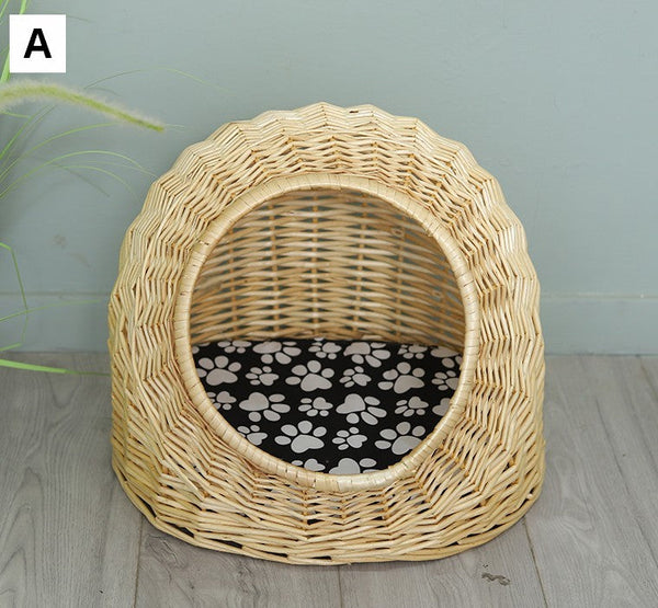 Hand woven Rattan Cat Bed, Natural Wicker Cat House Basket with Washable Cushion for Indoor Cats and Dogs-ArtWorkCrafts.com