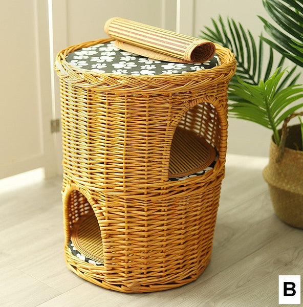 Large Cat House Basket with Washable Cushion for Indoor Cats and Dogs, Triple-Layer Cat Bed-ArtWorkCrafts.com