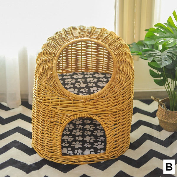 Large Double-Layer Cat Bed, Wicker Cat House Basket with Washable Cushion for Indoor Cats and Dogs-ArtWorkCrafts.com