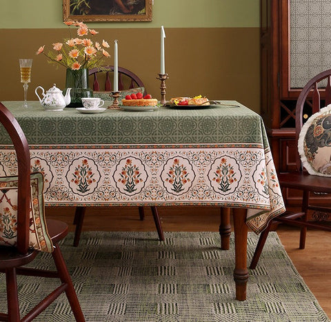 Rectangle Table Cover Ideas for Dining Table, Square Tablecloth for Round Table, Green Flower Pattern Table Cover for Kitchen, Outdoor Picnic Tablecloth-ArtWorkCrafts.com