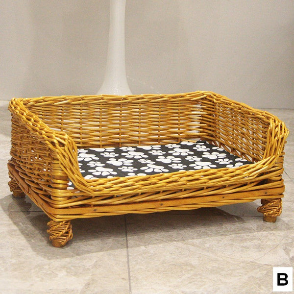 Large Natural Wicker Dog Bed with Washable Cushion for Indoor Cats and Dogs, Hand Woven Rattan Cat Beds-ArtWorkCrafts.com