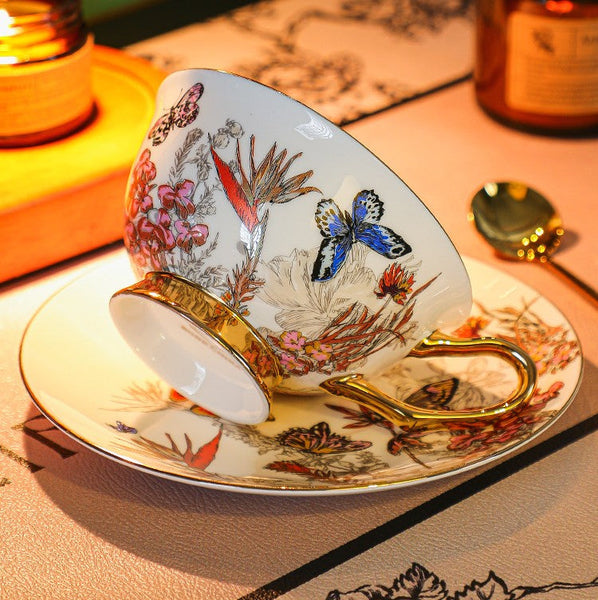 Ceramic Coffee Cups in Gift Box, Butterfly Pattern Porcelain Tea Cup and Saucer Set, British Traditional Afternoon Tea Cup and Saucer Set-ArtWorkCrafts.com