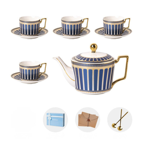 Porcelain Tea Cup and Saucer Set of 4 cups, British Tea Cup Set, 7.4 oz Blue Ceramic Tea Cup and Saucer Set with Teapot, Modern Blue Coffee Cup with Saucer-ArtWorkCrafts.com