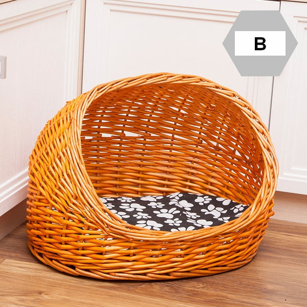 Natural Wicker Cat House Basket with Washable Cushion for Indoor Cats and Dogs, Hand woven Rattan Cat Bed-ArtWorkCrafts.com