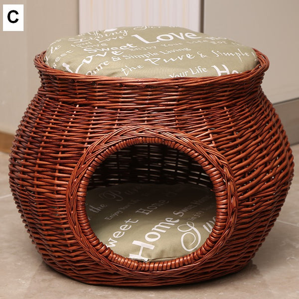 Rattan Cat Bed, Wicker Cat House Basket with Washable Cushion for Indoor Cats and Dogs-ArtWorkCrafts.com