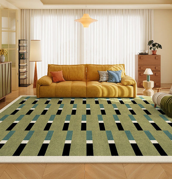 Mid Century Modern Rugs, Green Geometric Contemporary Rugs, Modern Living Room Rug Ideas, Colorful Area Rugs for Dining Room-ArtWorkCrafts.com