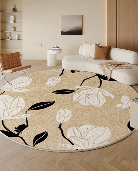 Modern Round Rugs under Coffee Table, Circular Rugs for Dining Table, Abstract Contemporary Rugs for Bedroom, Modern Cream Color Rugs for Living Room-ArtWorkCrafts.com