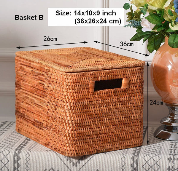 Square Storage Basket with Lid, Extra Large Storage Baskets for Clothes, Rattan Storage Basket for Shelves, Oversized Storage Baskets for Kitchen-ArtWorkCrafts.com