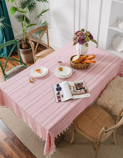 Kitchen Rectangular Table Covers, Rectangular Tablecloth for Oval Table, Modern Pink Table Cloths for Dining Room, Farmhouse Cotton and Linen Table Cloth-ArtWorkCrafts.com