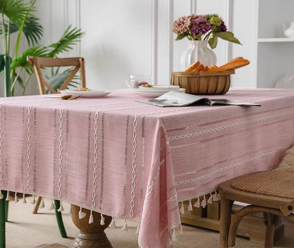 Kitchen Rectangular Table Covers, Rectangular Tablecloth for Oval Table, Modern Pink Table Cloths for Dining Room, Farmhouse Cotton and Linen Table Cloth-ArtWorkCrafts.com