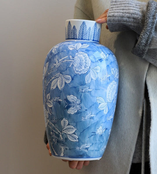 Centerpiece Ceramic Bouquet Vases, Handmade Modern Flower Vase, Large Flower Vases on Dining Table, Blue Porcelain Flower Vases-ArtWorkCrafts.com