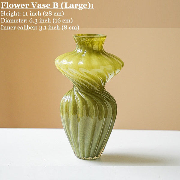 Unique Decorative Glass Vase, Centerpiece Vases on Table, Handmade Contemporary Glass Vases, Modern Green Vases for Living Room, Mid Century Vases for Flowers-ArtWorkCrafts.com