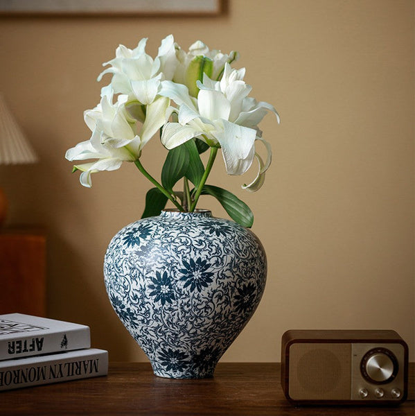 Vintage Bouquet Flower Vases, Centerpiece on Dining Table, Large Blue Flower Vase on Table, Handmade Porcelain Flower Vases Urn, Water Holding Flower Vases-ArtWorkCrafts.com