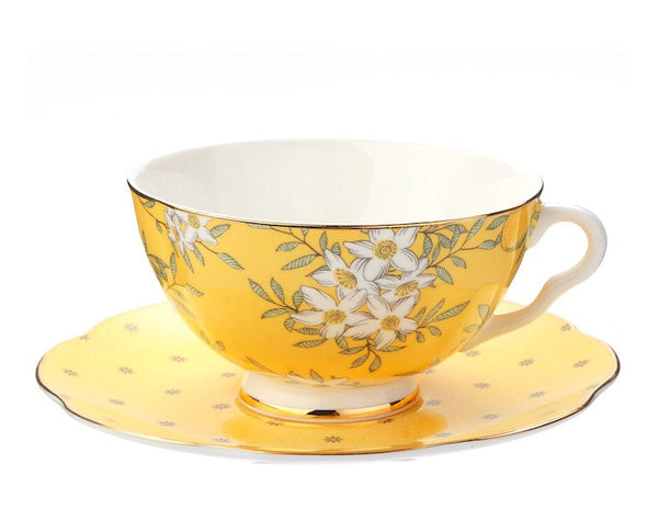Creative Yellow Ceramic Coffee Cups, Unique Flower Coffee Cup and Saucer, Beautiful British Tea Cups, Creative Porcelain Tea Cup Set-ArtWorkCrafts.com