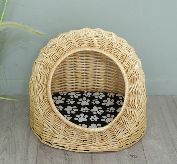Natural Wicker Cat House Basket with Washable Cushion for Indoor Cats and Dogs, Rattan Cat Bed-ArtWorkCrafts.com