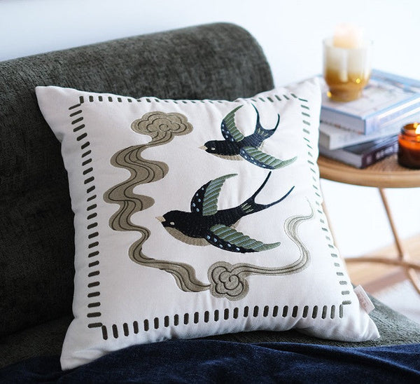 Luxury Decorative Pillows for Couch, Modern Throw Pillows for Couch, Vintage Decorative Pillows, Embroidered Swallow Birds Cushion, Decorative Pillow Arrangement Ideas for Bed-ArtWorkCrafts.com