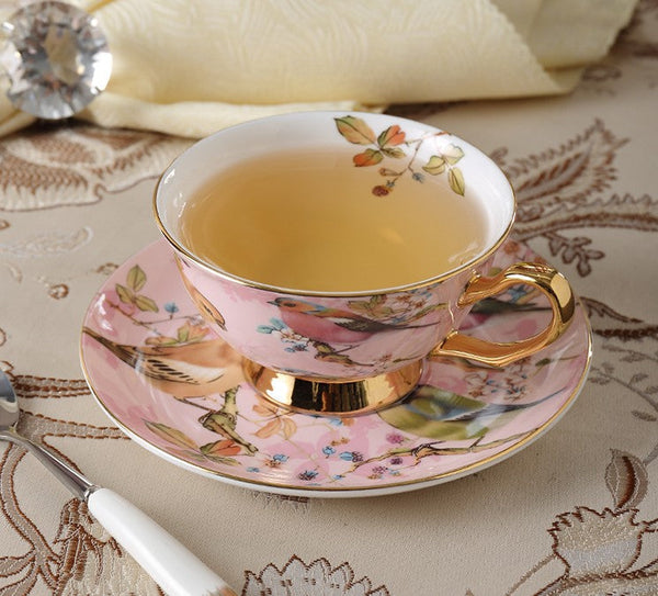 Elegant Ceramic Coffee Cups, 7.4 oz British Tea Cups, Bird Porcelain Tea Cup Saucer Set, Tea Cup and Saucer in Gift Box as Birthday Gift-ArtWorkCrafts.com