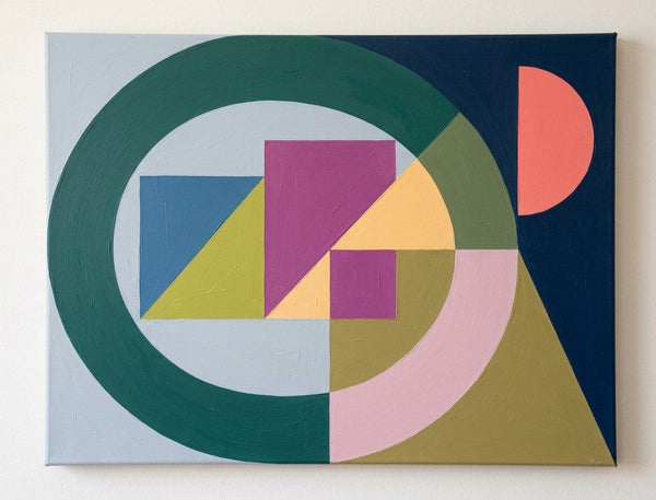 Abstract Contemporary Wall Art, Green, Blue, Purple Color, Geometric Pattern Abtract Art for Mid-Century Modern Living Room